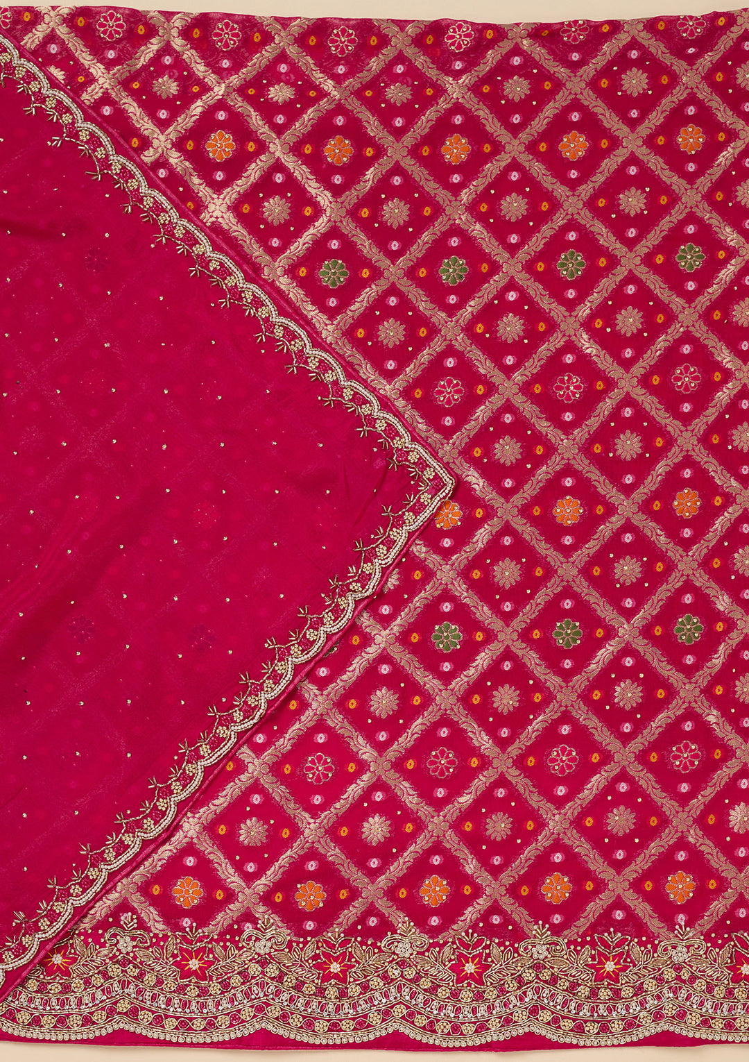 Rani Pink Georgette Silver Stonework Unstitched Dress Material With Matching Bottom And Dupatta