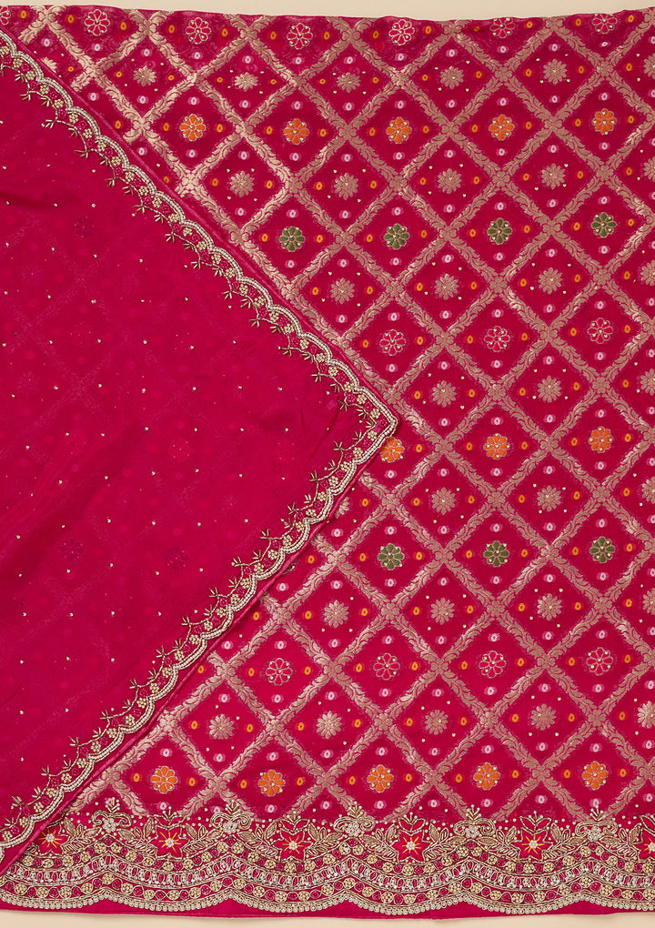 Rani Pink Georgette Silver Stonework Unstitched Dress Material With Matching Bottom And Dupatta