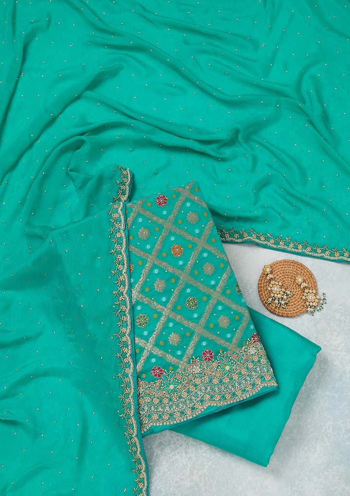 Sea Green Georgette Silver Stonework Unstitched Dress Material With Matching Bottom And Dupatta