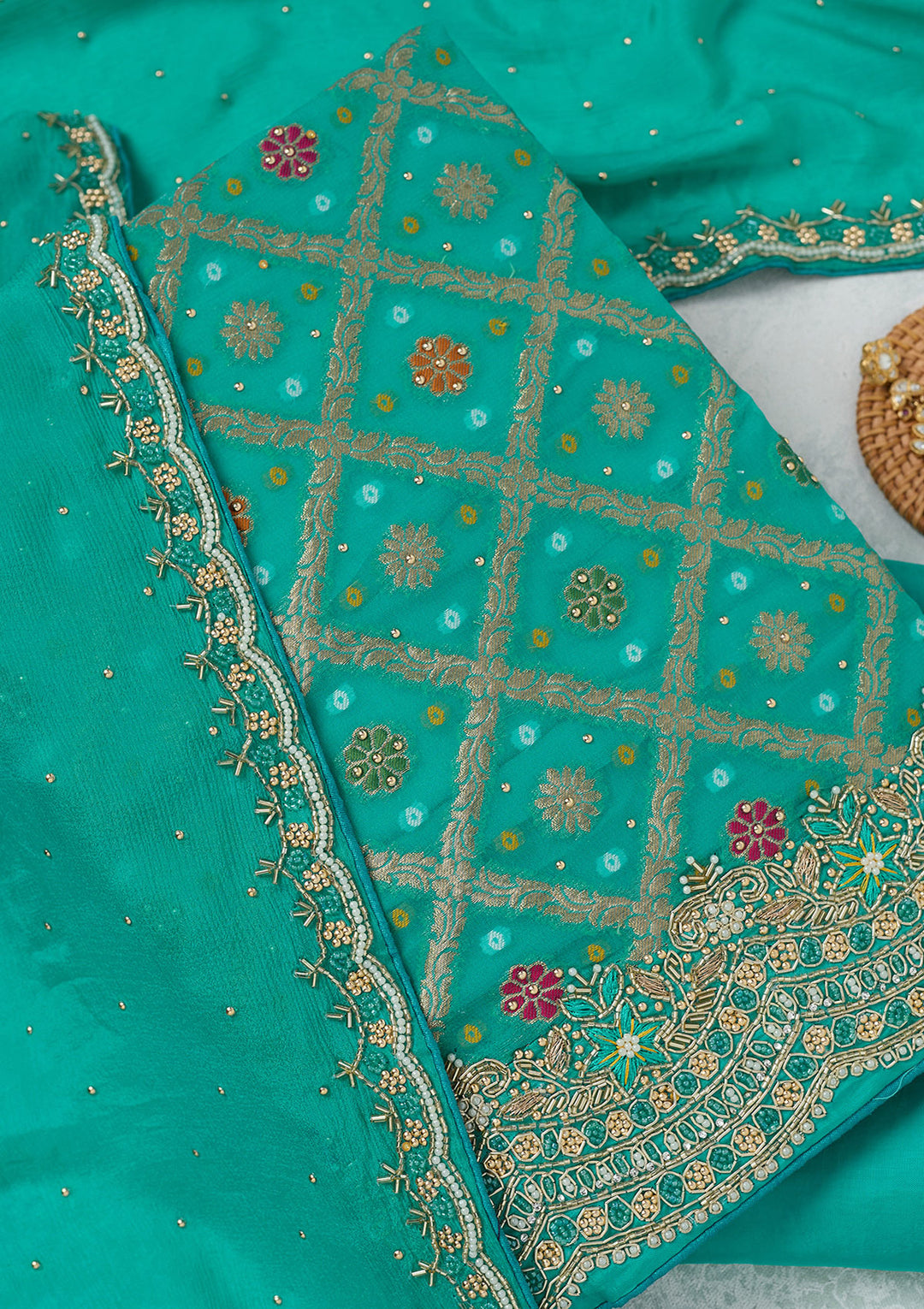 Sea Green Georgette Silver Stonework Unstitched Dress Material With Matching Bottom And Dupatta
