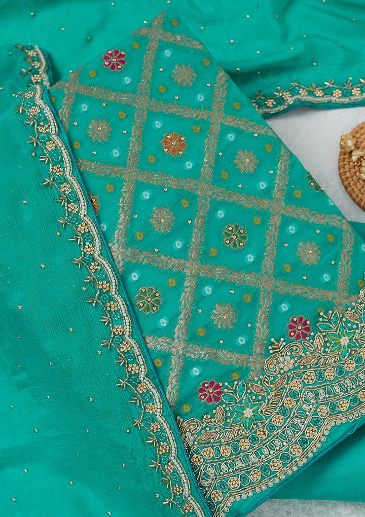 Sea Green Georgette Silver Stonework Unstitched Dress Material With Matching Bottom And Dupatta