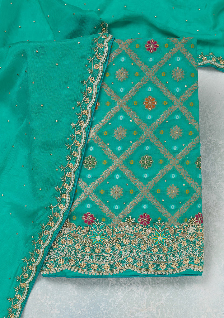 Sea Green Georgette Silver Stonework Unstitched Dress Material With Matching Bottom And Dupatta