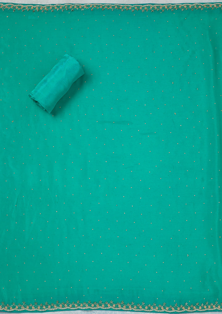 Sea Green Georgette Silver Stonework Unstitched Dress Material With Matching Bottom And Dupatta
