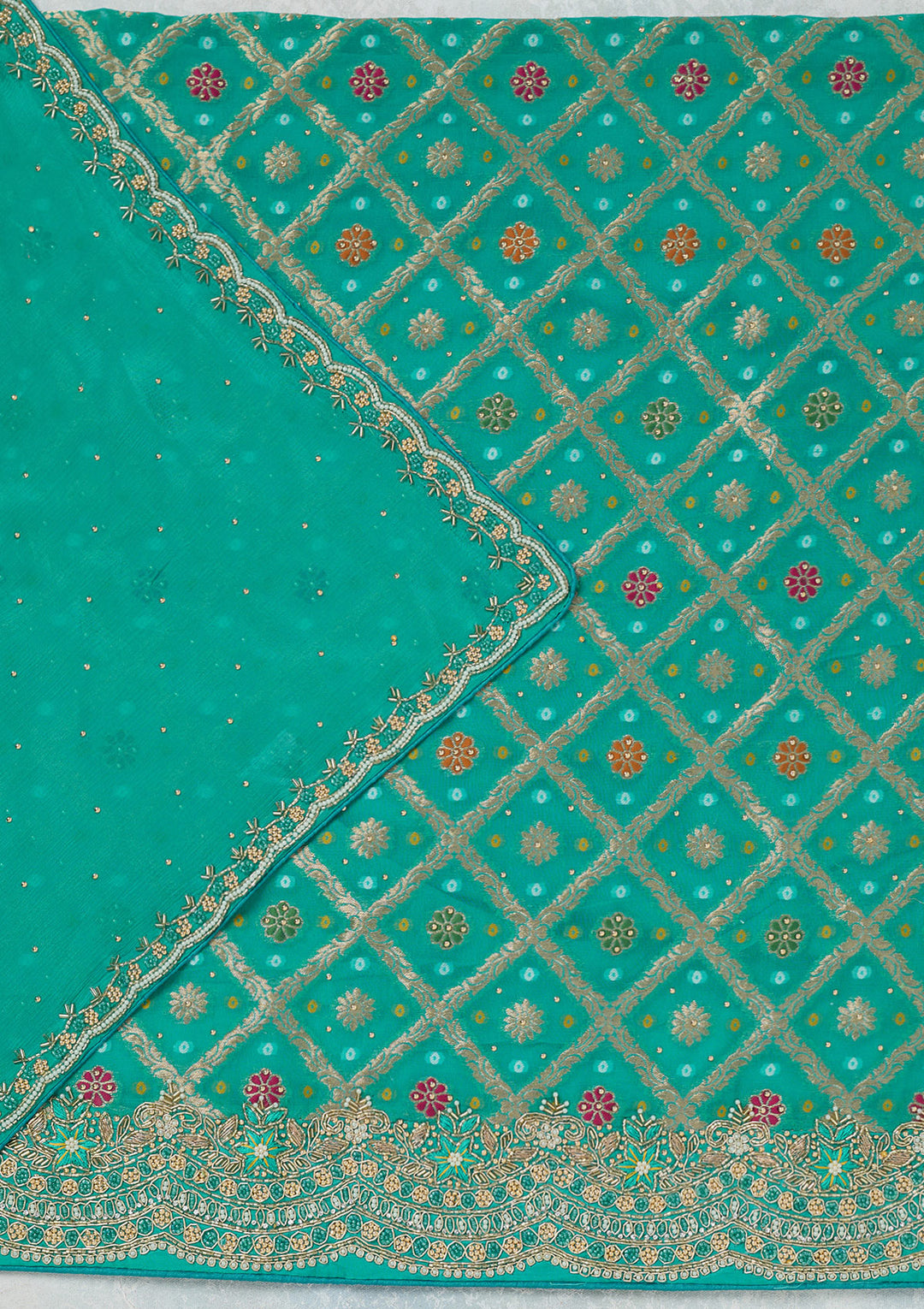 Sea Green Georgette Silver Stonework Unstitched Dress Material With Matching Bottom And Dupatta
