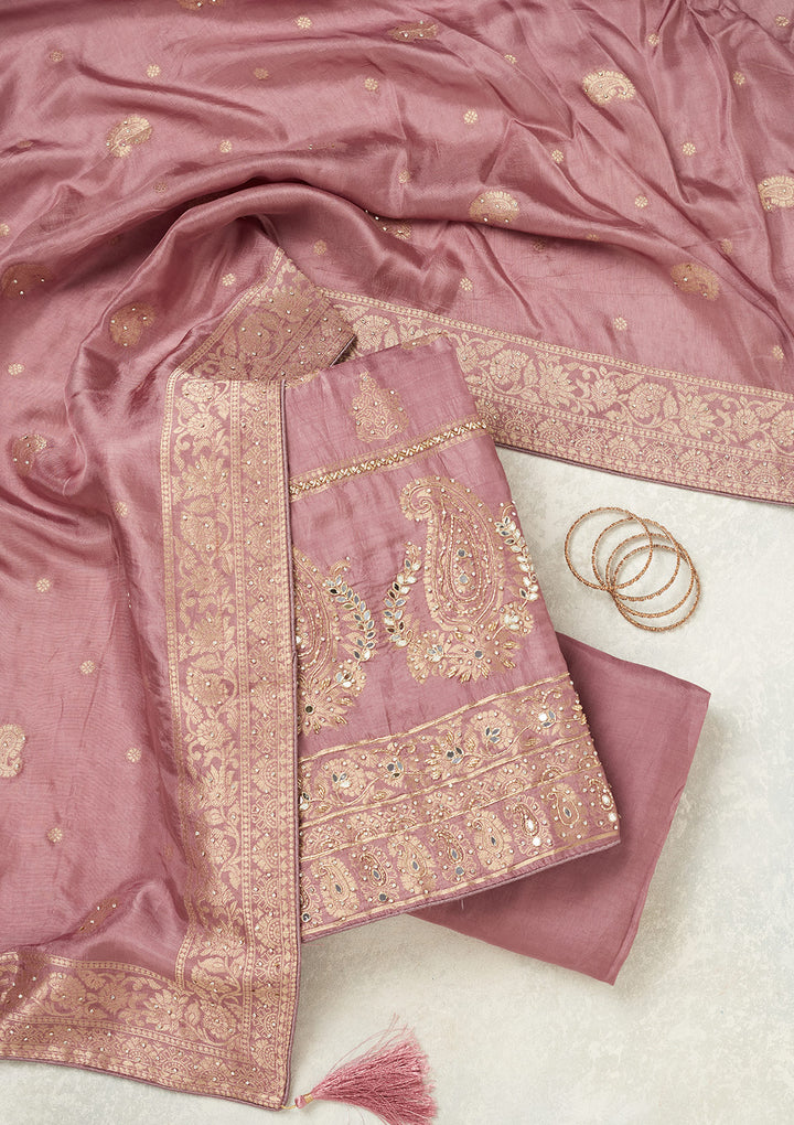 Lavender Dola Silk Silver Stonework Unstitched Dress Material With Matching Bottom And Dupatta