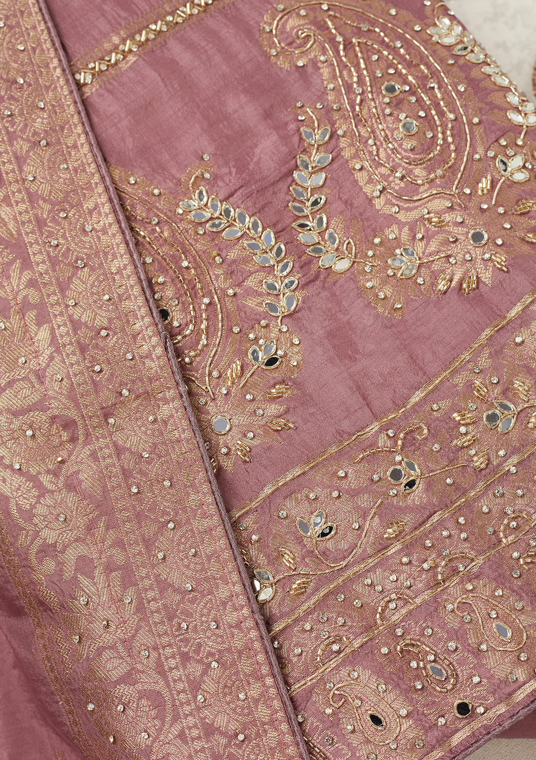 Lavender Dola Silk Silver Stonework Unstitched Dress Material With Matching Bottom And Dupatta
