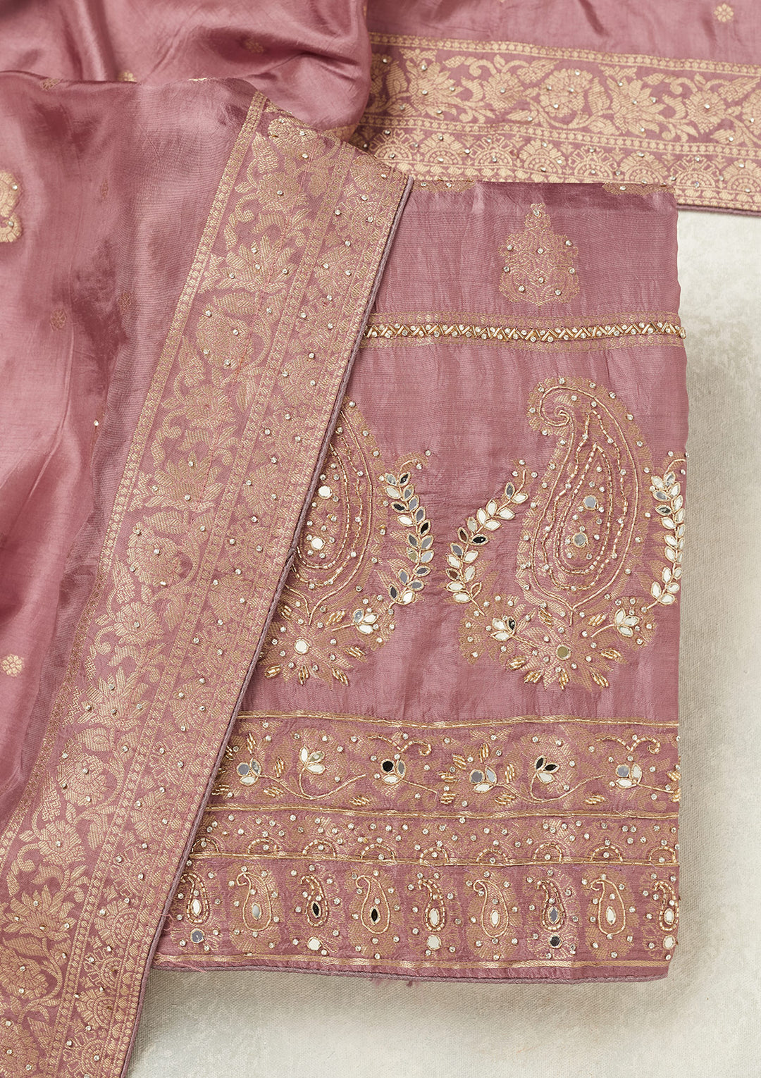 Lavender Dola Silk Silver Stonework Unstitched Dress Material With Matching Bottom And Dupatta