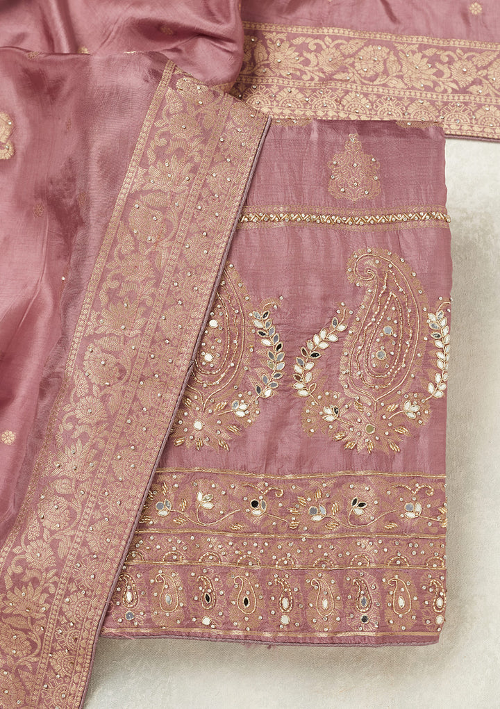 Lavender Dola Silk Silver Stonework Unstitched Dress Material With Matching Bottom And Dupatta