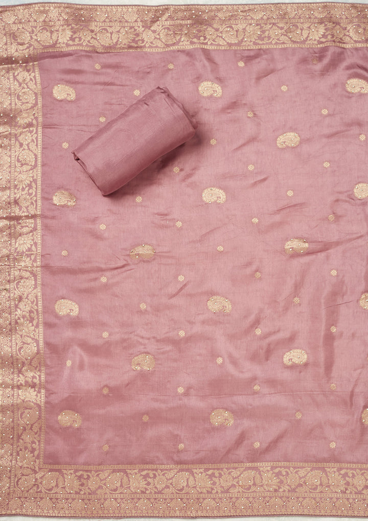 Lavender Dola Silk Silver Stonework Unstitched Dress Material With Matching Bottom And Dupatta