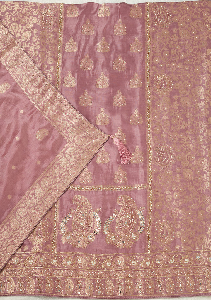 Lavender Dola Silk Silver Stonework Unstitched Dress Material With Matching Bottom And Dupatta