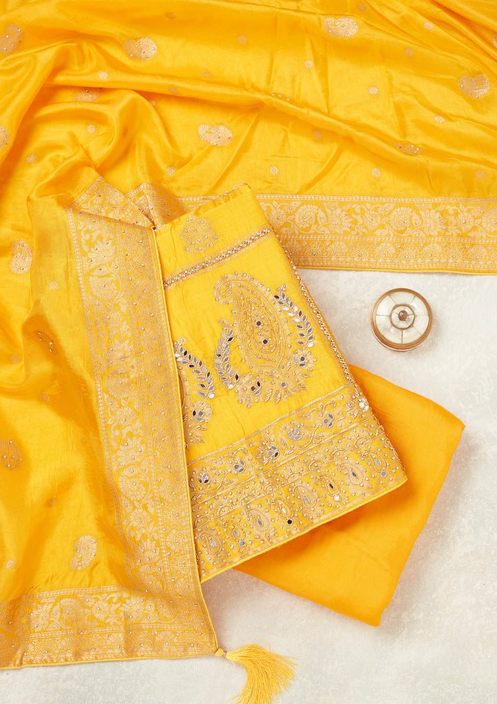 Yellow Dola Silk Silver Stonework Unstitched Dress Material With Matching Bottom And Dupatta