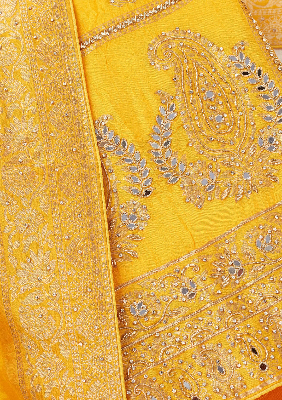 Yellow Dola Silk Silver Stonework Unstitched Dress Material With Matching Bottom And Dupatta