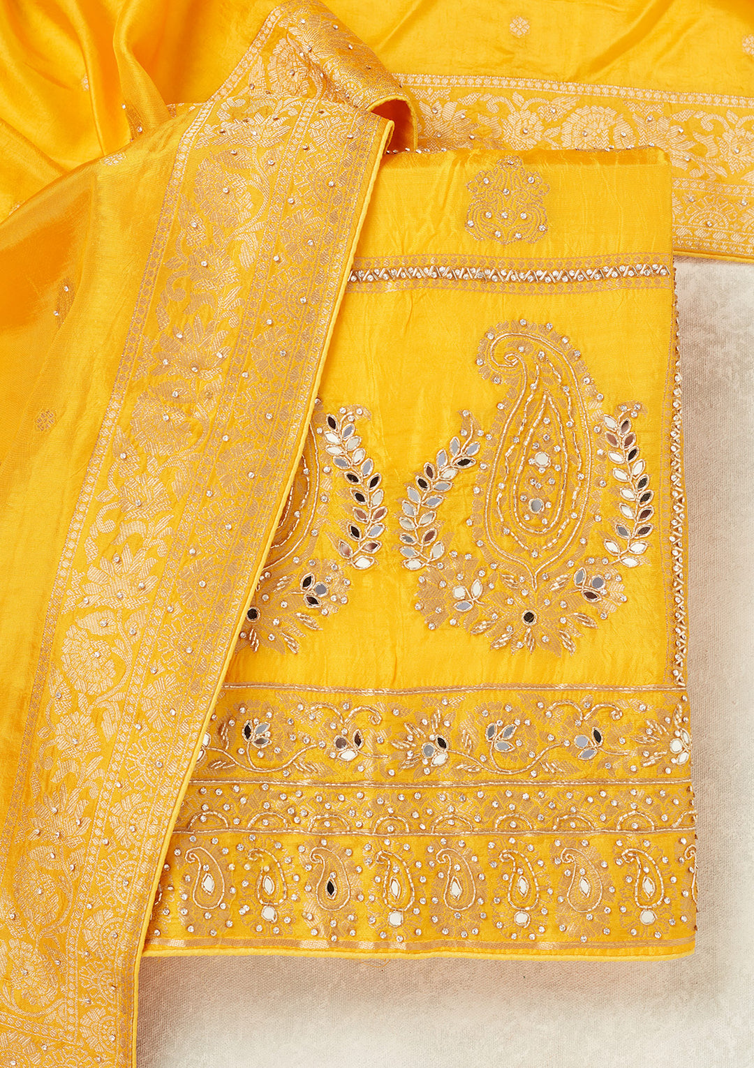 Yellow Dola Silk Silver Stonework Unstitched Dress Material With Matching Bottom And Dupatta
