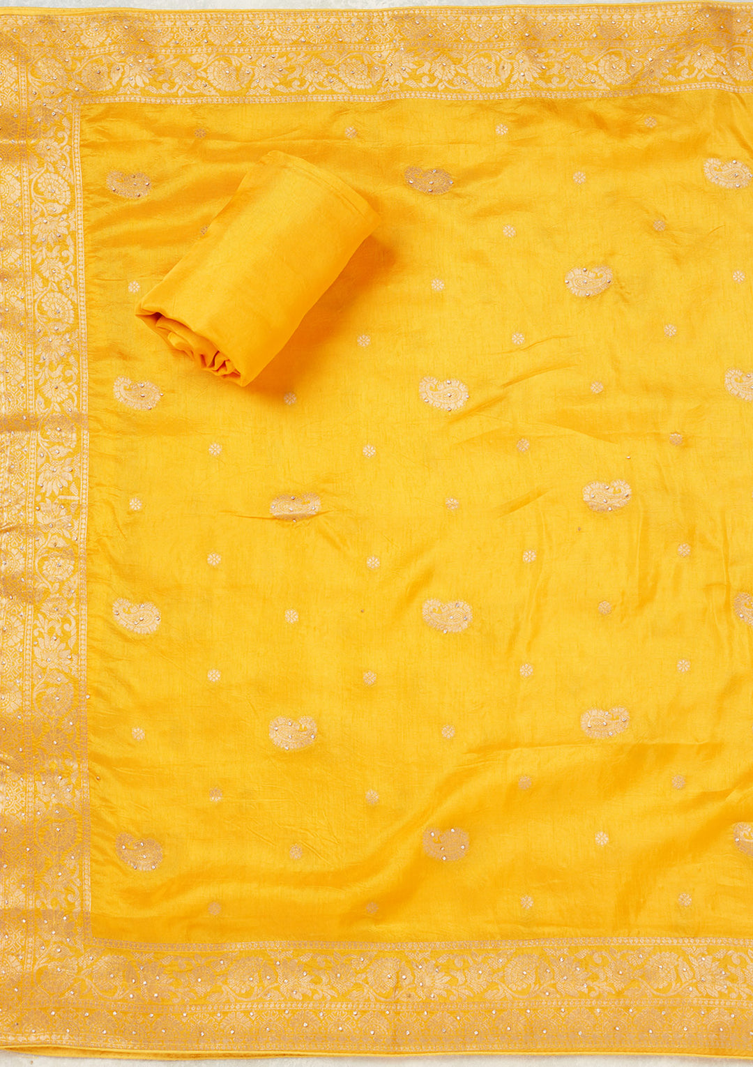 Yellow Dola Silk Silver Stonework Unstitched Dress Material With Matching Bottom And Dupatta