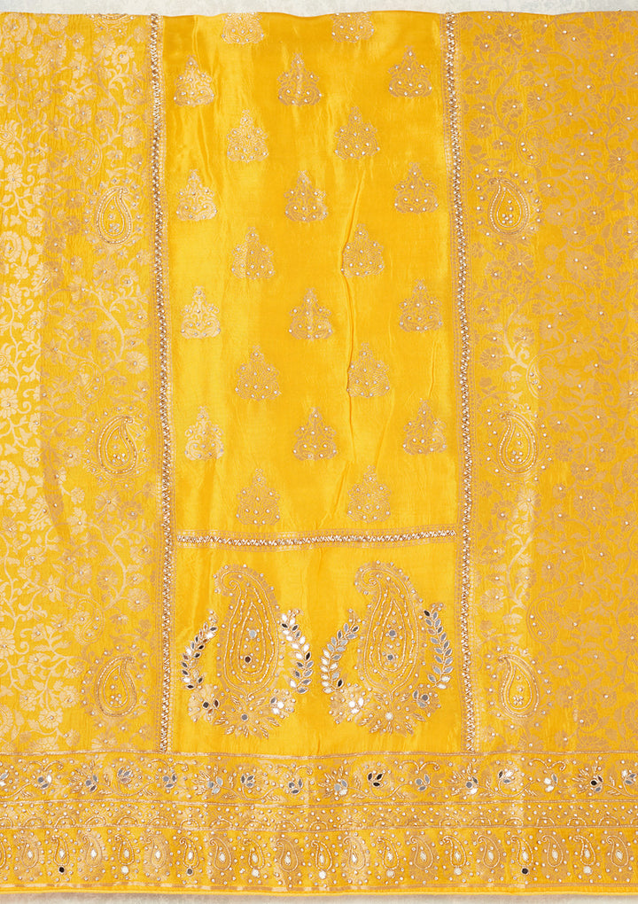 Yellow Dola Silk Silver Stonework Unstitched Dress Material With Matching Bottom And Dupatta