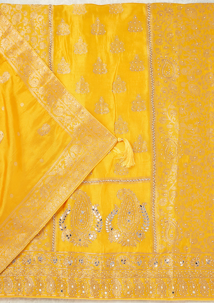 Yellow Dola Silk Silver Stonework Unstitched Dress Material With Matching Bottom And Dupatta