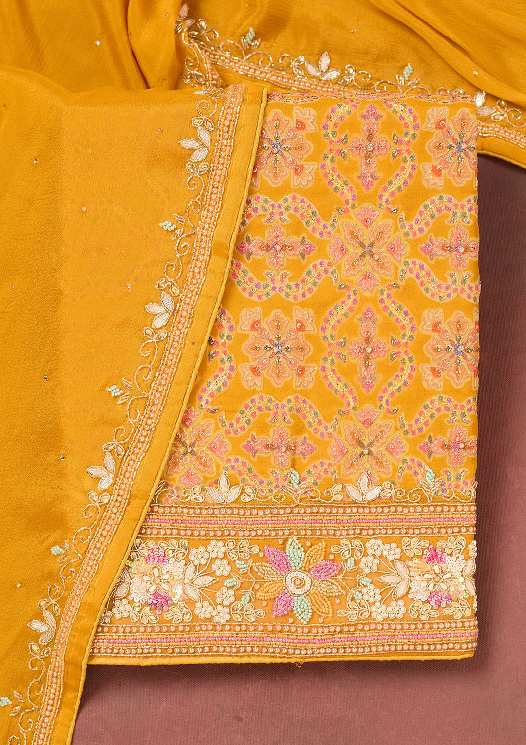 Mustard Stonework Georgette Unstitched Salwar Suit