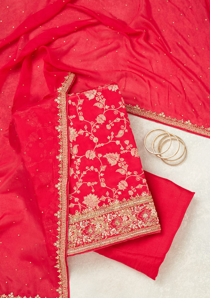 Magenta Pink Dola Silk Gold Stonework Unstitched Dress Material With Matching Bottom And Dupatta
