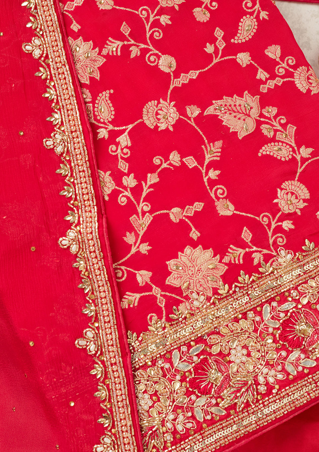 Magenta Pink Dola Silk Gold Stonework Unstitched Dress Material With Matching Bottom And Dupatta