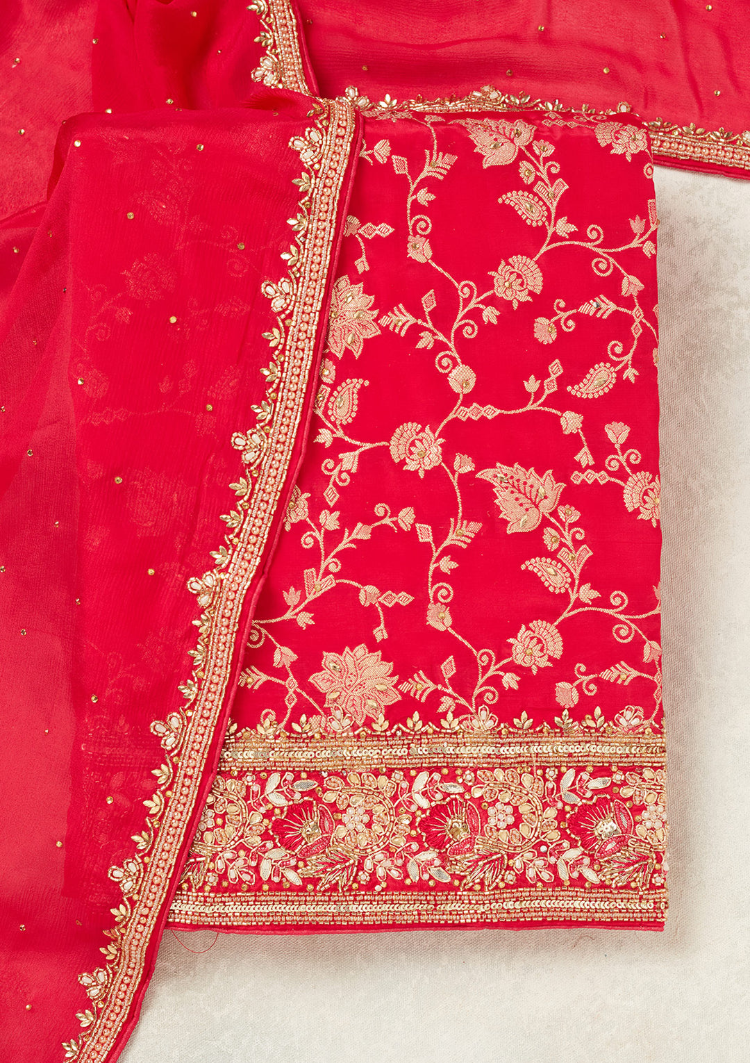 Magenta Pink Dola Silk Gold Stonework Unstitched Dress Material With Matching Bottom And Dupatta
