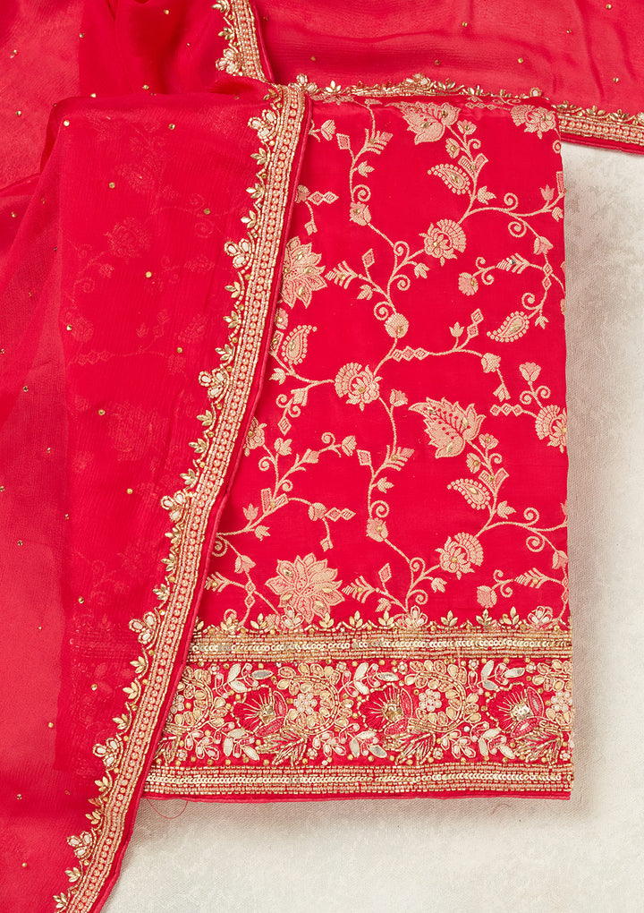 Magenta Pink Dola Silk Gold Stonework Unstitched Dress Material With Matching Bottom And Dupatta