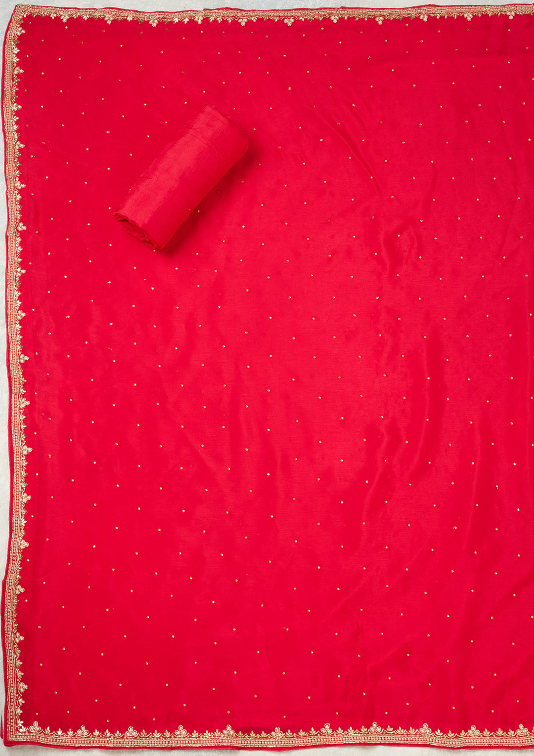 Magenta Pink Dola Silk Gold Stonework Unstitched Dress Material With Matching Bottom And Dupatta