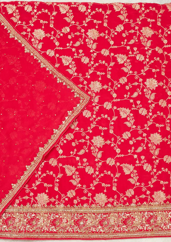 Magenta Pink Dola Silk Gold Stonework Unstitched Dress Material With Matching Bottom And Dupatta