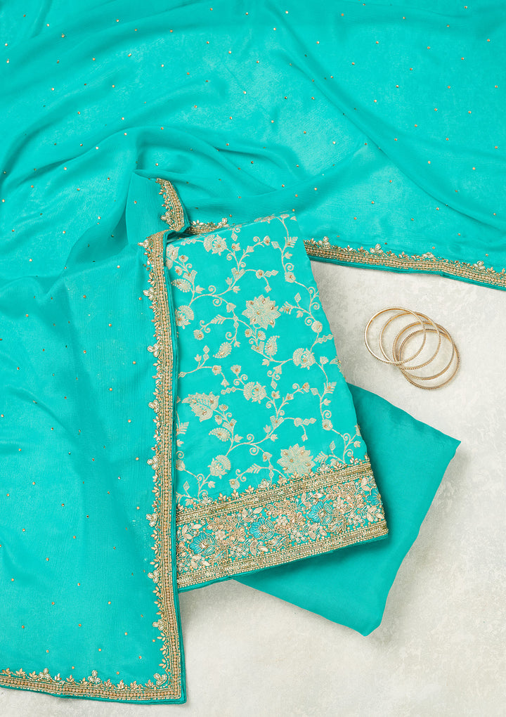 Rama Green Dola Silk Gold Stonework Unstitched Dress Material With Matching Bottom And Dupatta