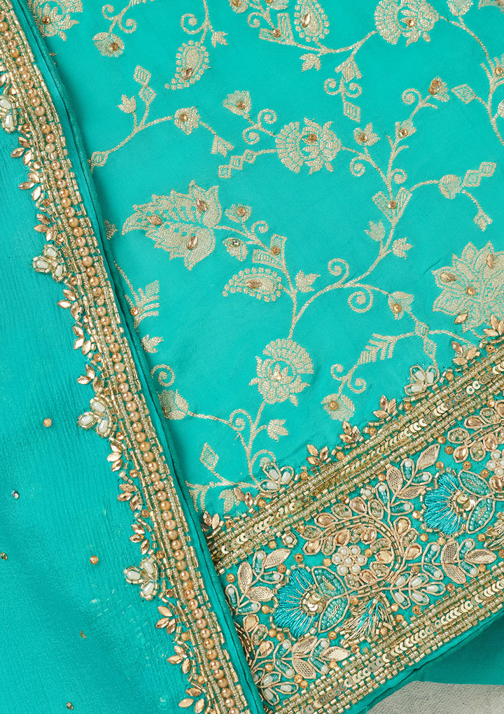 Rama Green Dola Silk Gold Stonework Unstitched Dress Material With Matching Bottom And Dupatta