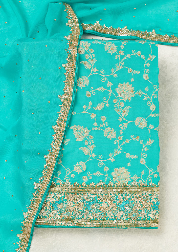 Rama Green Dola Silk Gold Stonework Unstitched Dress Material With Matching Bottom And Dupatta