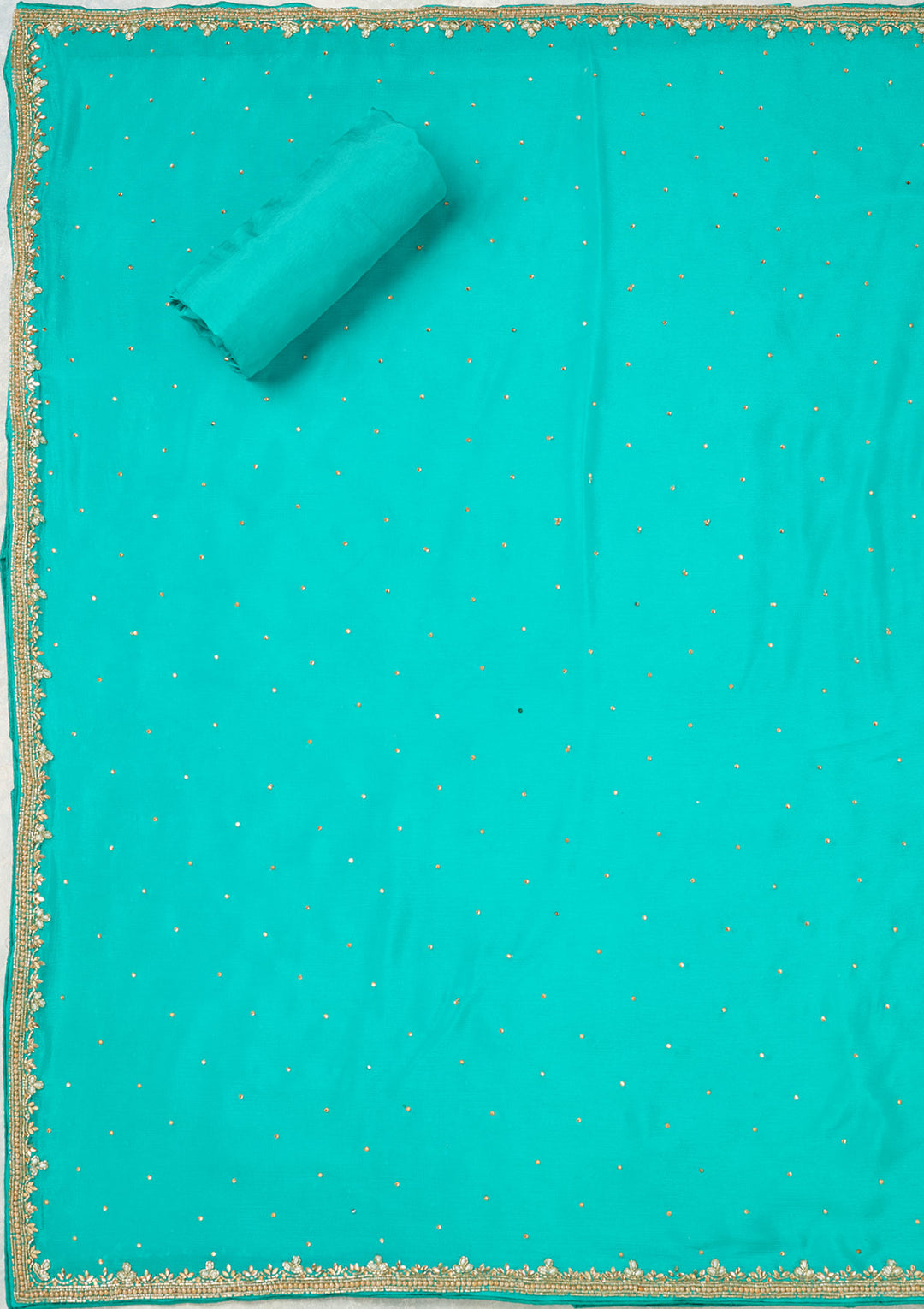 Rama Green Dola Silk Gold Stonework Unstitched Dress Material With Matching Bottom And Dupatta