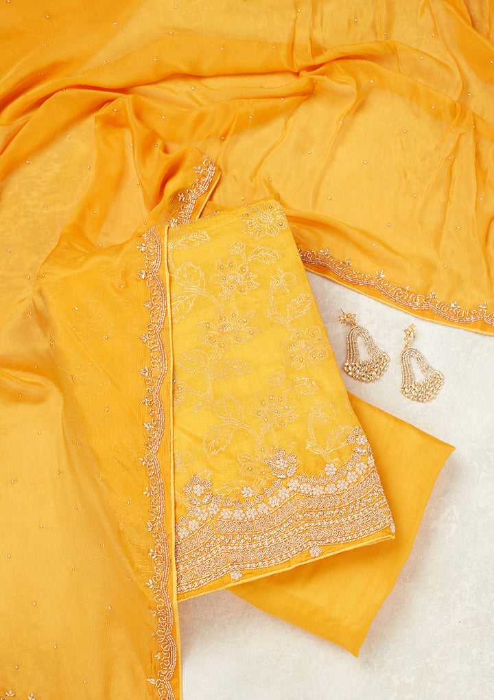 Yellow Dola Silk Pearlwork Unstitched Dress Material With Matching Bottom And Dupatta