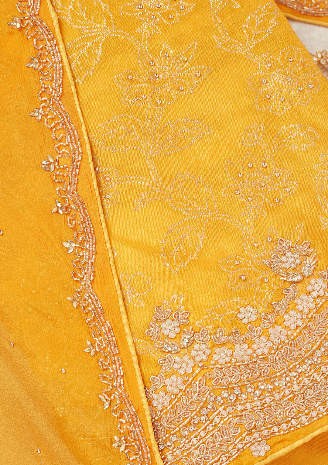 Yellow Dola Silk Pearlwork Unstitched Dress Material With Matching Bottom And Dupatta