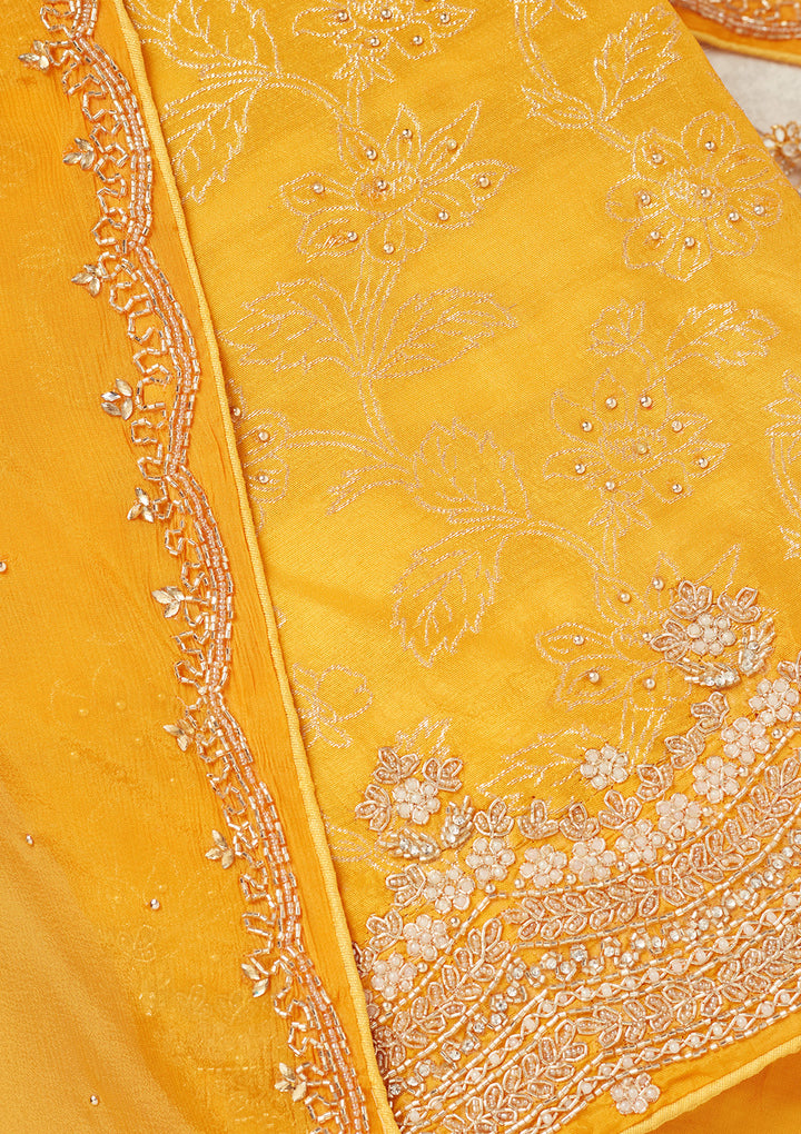 Yellow Dola Silk Pearlwork Unstitched Dress Material With Matching Bottom And Dupatta