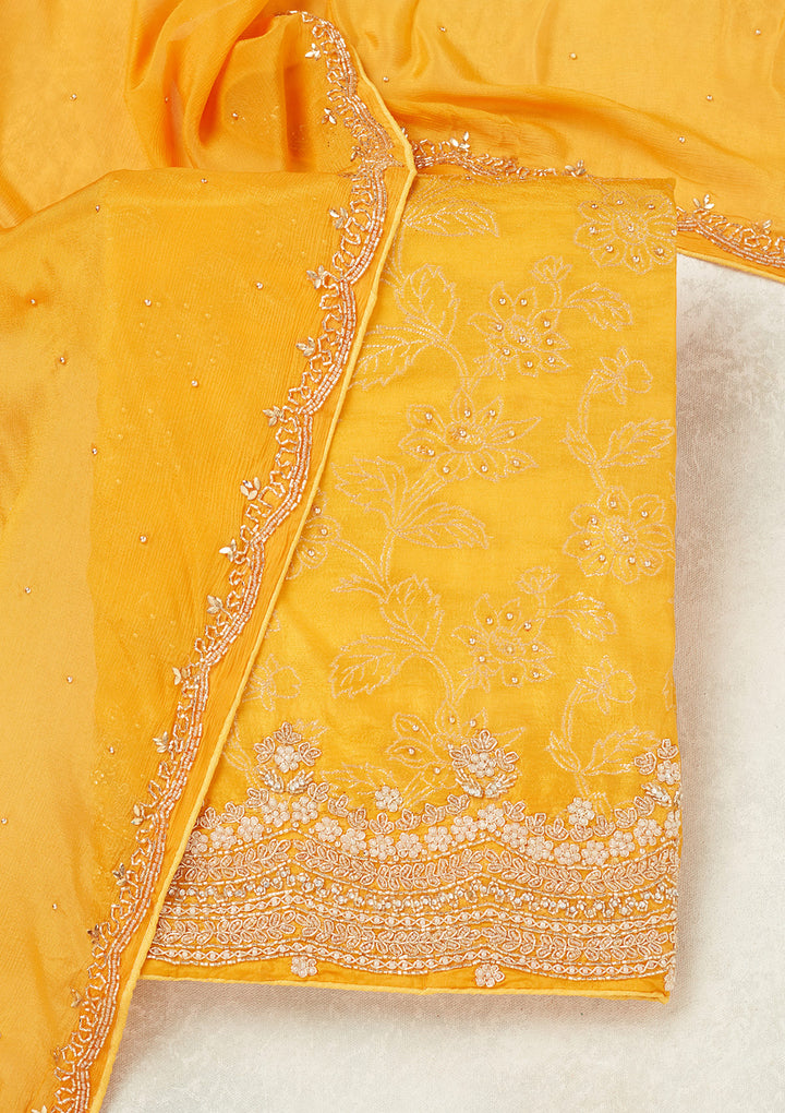 Yellow Dola Silk Pearlwork Unstitched Dress Material With Matching Bottom And Dupatta