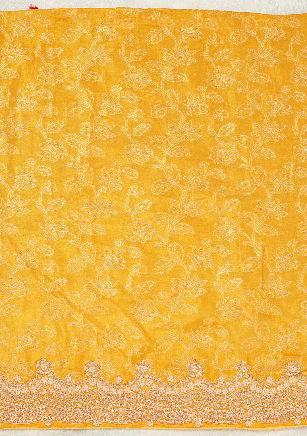 Yellow Dola Silk Pearlwork Unstitched Dress Material With Matching Bottom And Dupatta