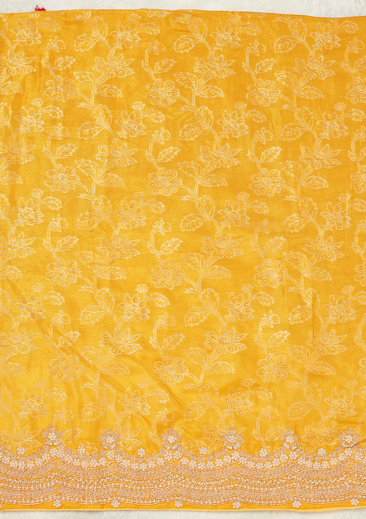 Yellow Dola Silk Pearlwork Unstitched Dress Material With Matching Bottom And Dupatta