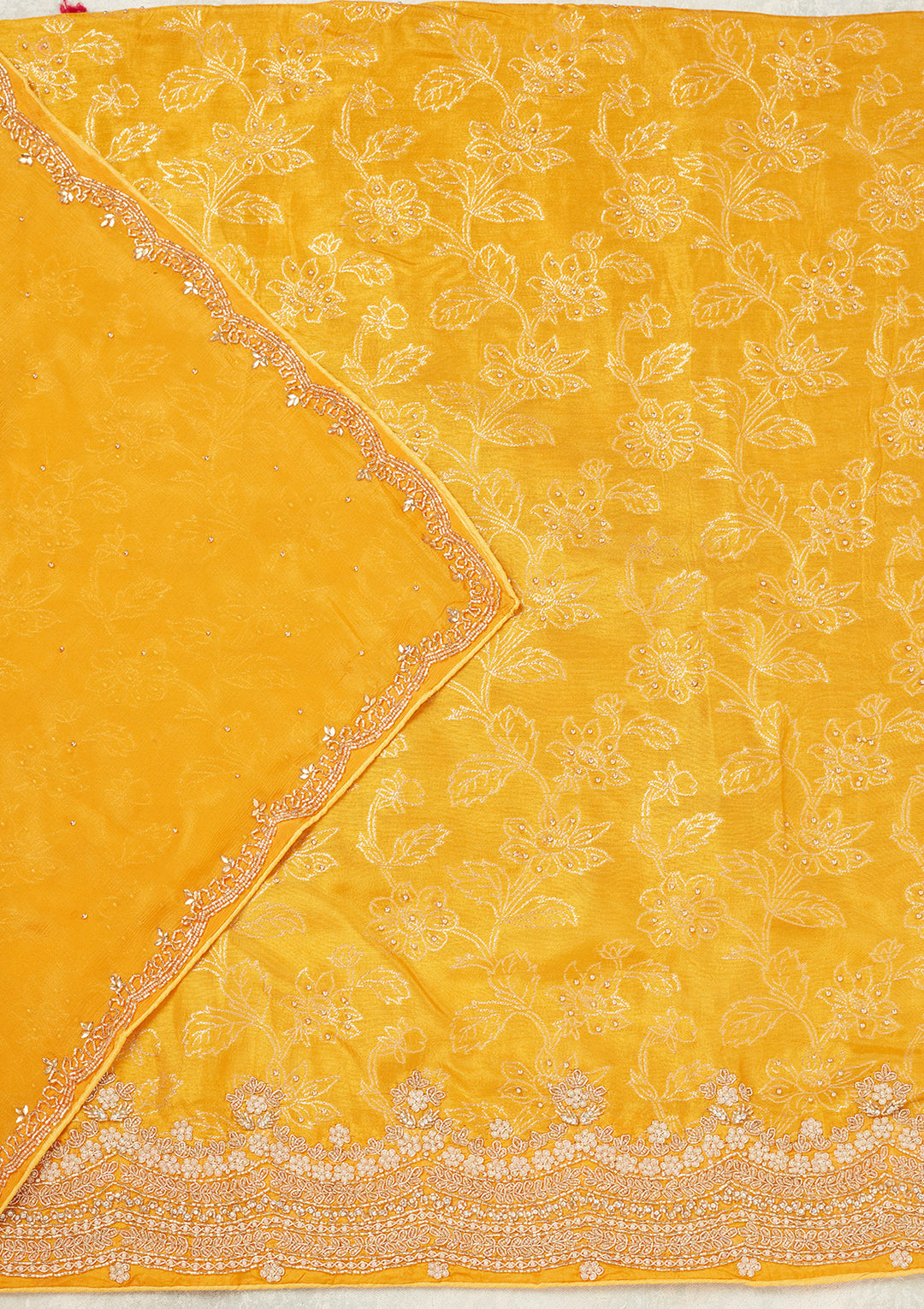 Yellow Dola Silk Pearlwork Unstitched Dress Material With Matching Bottom And Dupatta