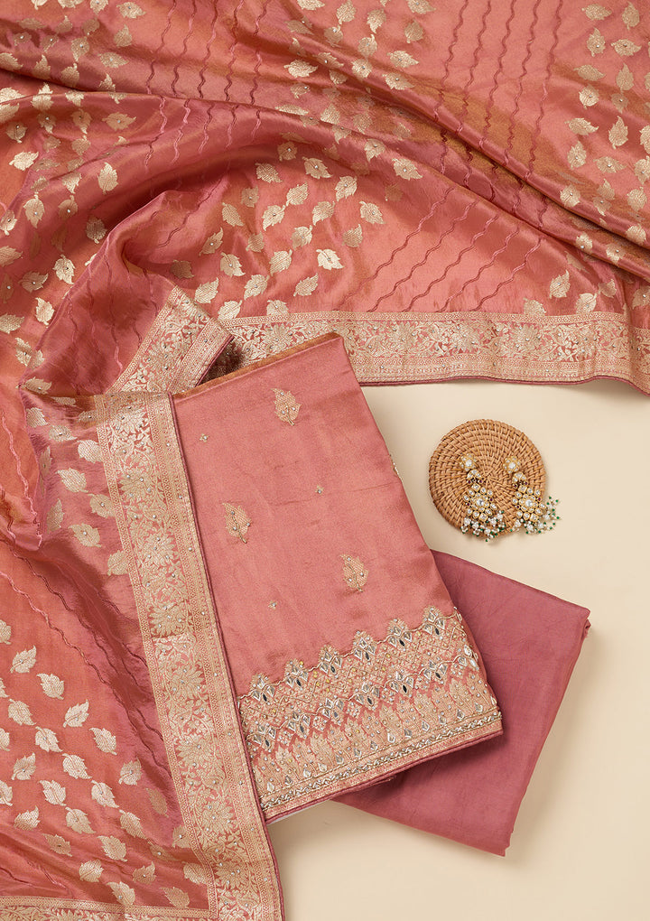 Onion Pink Dola Silk Silver Stonework Unstitched Dress Material With Matching Bottom And Dupatta