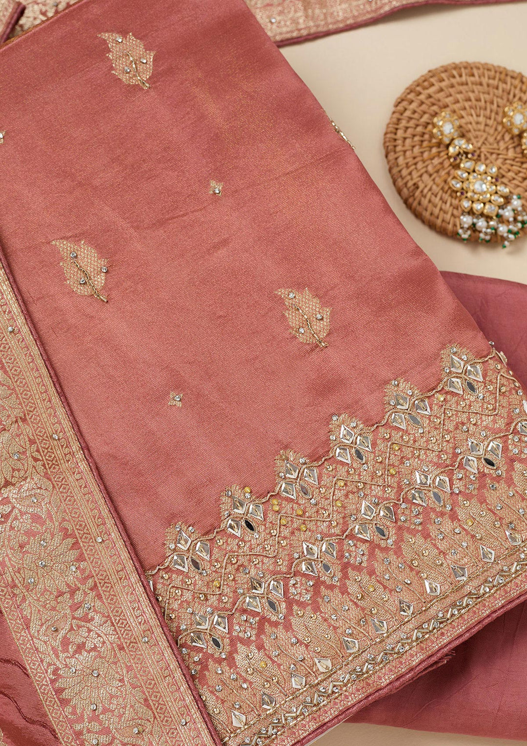 Onion Pink Dola Silk Silver Stonework Unstitched Dress Material With Matching Bottom And Dupatta