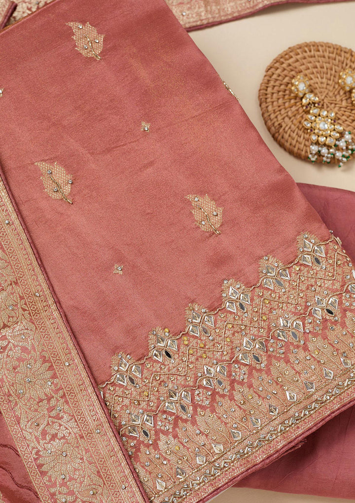 Onion Pink Dola Silk Silver Stonework Unstitched Dress Material With Matching Bottom And Dupatta
