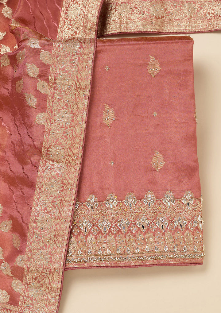 Onion Pink Dola Silk Silver Stonework Unstitched Dress Material With Matching Bottom And Dupatta