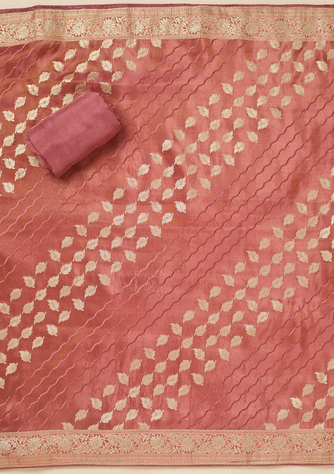 Onion Pink Dola Silk Silver Stonework Unstitched Dress Material With Matching Bottom And Dupatta