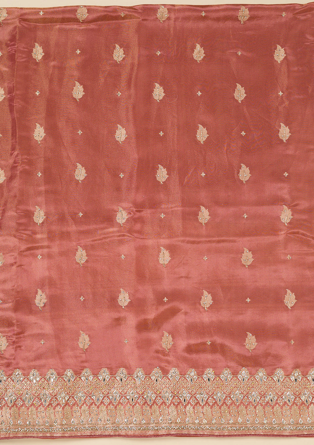 Onion Pink Dola Silk Silver Stonework Unstitched Dress Material With Matching Bottom And Dupatta