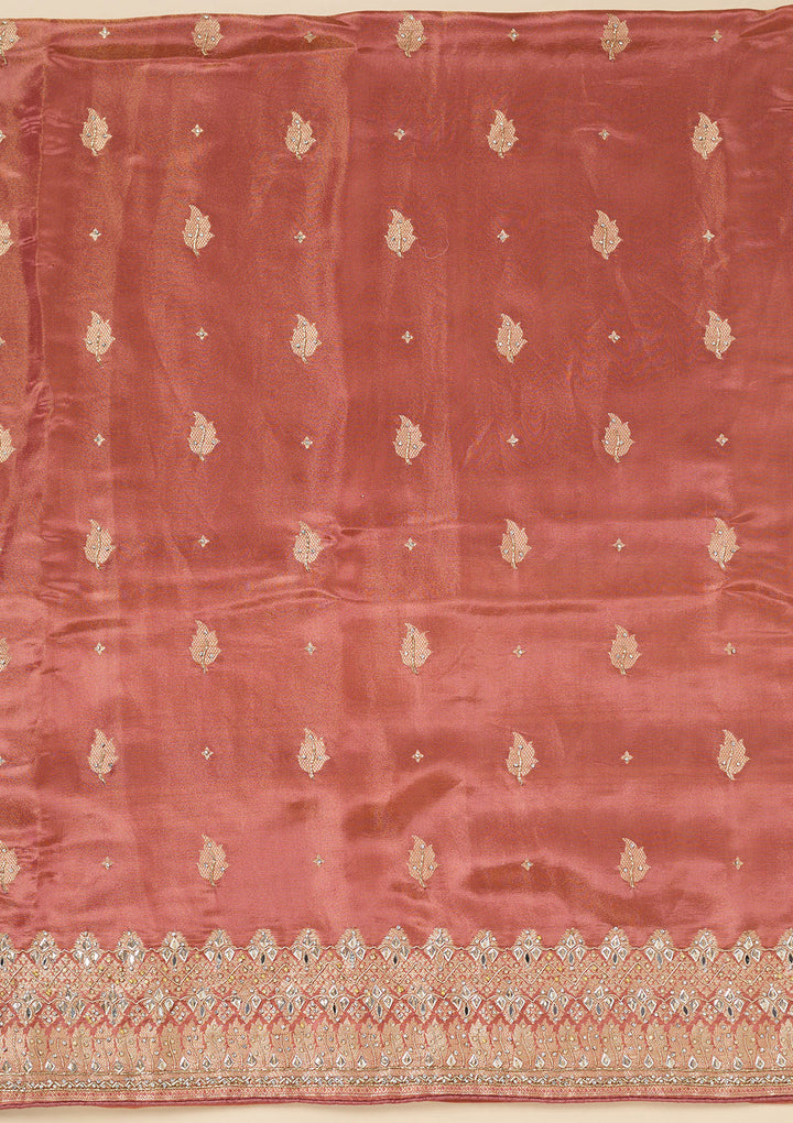 Onion Pink Dola Silk Silver Stonework Unstitched Dress Material With Matching Bottom And Dupatta