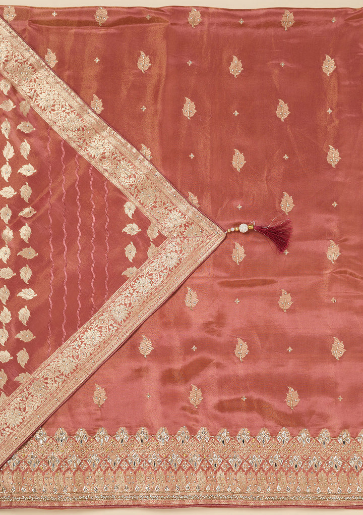 Onion Pink Dola Silk Silver Stonework Unstitched Dress Material With Matching Bottom And Dupatta