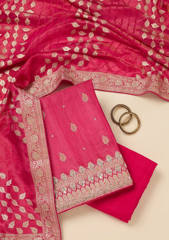 Pink Dola Silk Silver Stonework Unstitched Dress Material With Matching Bottom And Dupatta