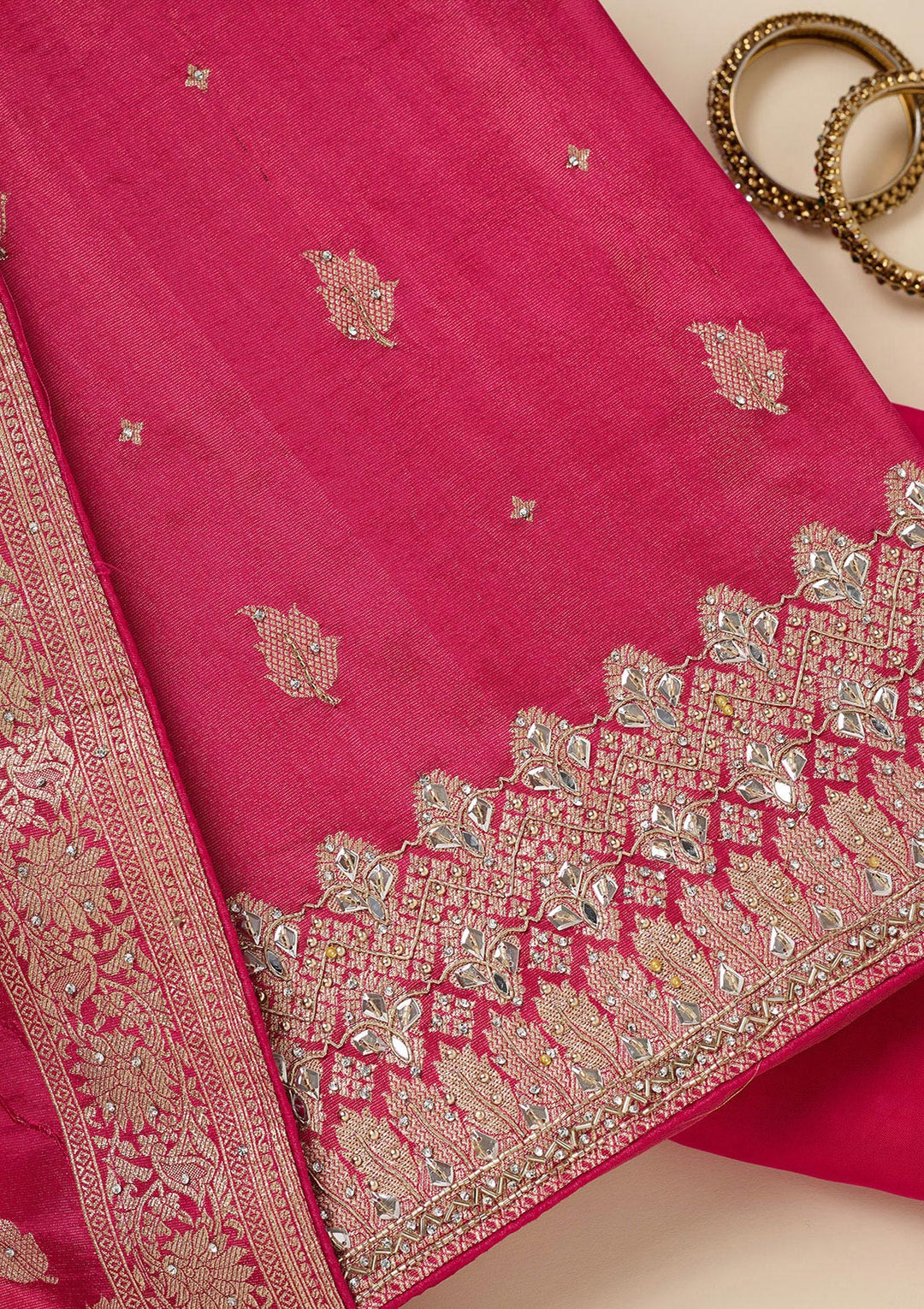 Pink Dola Silk Silver Stonework Unstitched Dress Material With Matching Bottom And Dupatta