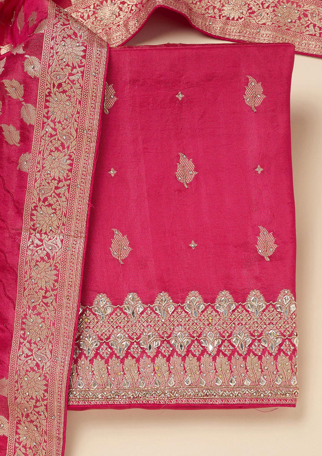 Pink Dola Silk Silver Stonework Unstitched Dress Material With Matching Bottom And Dupatta