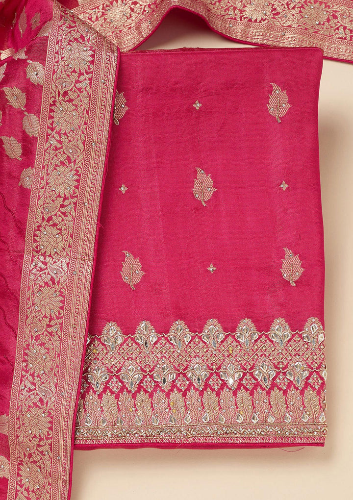 Pink Dola Silk Silver Stonework Unstitched Dress Material With Matching Bottom And Dupatta